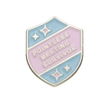 Shield-shaped Pointless Meeting Survivor enamel pin in light blue and lavender purple finish - Blue Pink Color Block Shield Style (XZ9209)