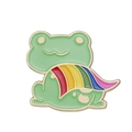 Cartoon green frog enamel pin with rainbow pride stripes and golden metallic finish - Frog Rainbow Pride Flag Cape Style (XZ9357)