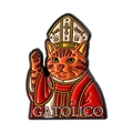 Gatolico enamel pin featuring a ginger cat pope in a red and white mitre on white background - Cat Pope Style (QHXZ5440)