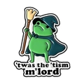 Cartoon green frog wizard enamel pin with navy cloak, broom and meme text illustration - Qhxz5455