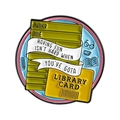 Emaille-Anstecker mit Bibliothekskarte und gelben Büchern auf weißem Hintergrund - Runder Bibliotheksausweis-Stil (QHXZ5512)