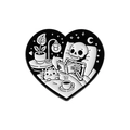 Gothic heart-shaped skull brooch with black and white enamel reading in bed with cat - Heart Home Skeleton (QHXZ3785)