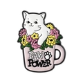 Cute white cat in pink floral mug enamel pin with Paw Power engraving for pet lovers - White Cat Style (QHXZ5564)