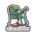 Funny green frog enamel pin sitting in a rocking chair with Get Off My Property text - Frog Holding Gun Style (QHXZ5540)