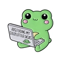Funny green frog enamel pin working on a laptop with Just Doing My Silly Little Tasks text - Office Frog Style (QHXZ5587)