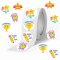 500-count star reward sticker roll with various cartoon graphics and positive phrases - Star and Trophy Mix Style