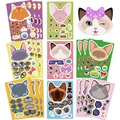 Close-up of DIY cartoon cat face sticker sheets with colorful accessories and expressions - Random Cat Style