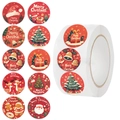 500-count roll of round Christmas stickers with 10 cute festive cartoon patterns - Merry Christmas Red Pattern