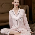 Pink striped satin pajama set featuring long sleeves and black contrast piping detail - M / Pink Stripes (V Pocket)