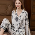 Women's cream silk pajama set with black floral print and classic lapel piping - M / Cream Black Floral