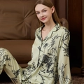 Women's light green silk satin pajama set with black floral print and long sleeves - M / Matcha Green Floral