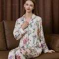 Women's pearl white silk pajama set with vibrant floral print and dark green piping - Lavender Floral