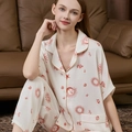 Women's silk satin pajama set in pearl white with red celestial moon and sun prints - M / Sunflower