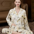Women's silk-like pajama set in beige with floral prints and orange piping trim - Yellow Floral