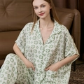 Women silk pajamas set with green geometric print top and trousers lounge wear - M / Small Clover Flower
