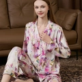 Women's silk-like pajamas set featuring white floral print and long sleeves - Peony Floral