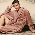 Men's thick flannel bathrobe in lotus pink with elegant grey braided trim detailing - L / Coffee-Men