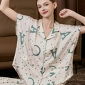 Women's silk pajama set with geometric letter print in light beige and green - Fashion Letters