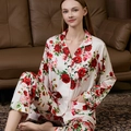 Women's silk pajama set in ivory with elegant red rose floral print and piping - Rose Floral