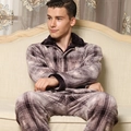 Pijama de hombre en forro polar coral grueso con cuadros morados y cuello de felpa - L / Gris a Cuadros