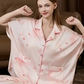 Pink floral print satin pajama set with short sleeves and buttons for women - Light Pink Floral