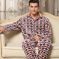 Men's thick coral fleece pajama set with orange and purple geometric plaid pattern - L / Small Grid