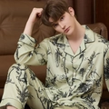 Men's silk-satin long sleeve pajama set in sage green with black floral patterns - L / Top And Bottom / Matcha Green Floral (Men)