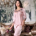 Women's pink satin long sleeve pajama set with luxury lace embroidery and silk texture - M / Dusty Pink