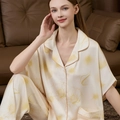 Women's cream silk pajama set with yellow floral prints and batwing sleeves - Light Yellow Floral