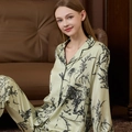 Women's silk satin pajama set in light sage green with botanical print and black piping - M / Top And Bottom / Matcha Green Floral (Women)