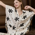 Women's silk pajama set in cream with black floral patterns and button-up short sleeves - Six-leaf Flower