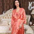 Damen 2-teiliges korallenrotes Satin-Pyjama-Set mit floraler Spitze und Robe - M / Orangerot