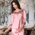 Women's light pink satin pajama set with elegant lace trim and sleek silk finish - M / Watermelon red