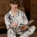 Men's silk satin pajamas set with landscape print and long sleeves for elegant lounging - L / Top And Bottom / White Floral (Men)