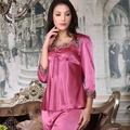 Elegant rouge red silk satin long-sleeve pajama set with lace embroidery and bow detail - M / Purplish Red
