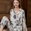 Women's silk satin long sleeve pajama set with black floral print on white background - M / Top And Bottom / White Floral (Women)