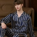 Men's navy blue striped silk pajama set featuring a classic lapel and long sleeves - L / Top And Bottom / Blue Striped (Men)