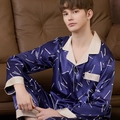 Men's navy silk satin pajamas set with long sleeves and matchstick print details - Blue Matchsticks