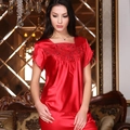 Kurzärmliges rotes Seiden-Pyjama-Set für Damen mit Spitzenstickerei und Schleifen - L / Rot