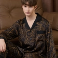 Men's silk pajamas set in black and gold paisley print with long sleeves and pants - Black Floral