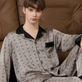 Men's silk-like grey khaki pajama set with long sleeves and black contrast piping - Grey Logo Print