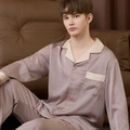 Men's silk-like long sleeve pajama set in elegant light coffee brown with textured finish - Beige Polka Dot