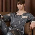 Men's silk-like long sleeve pajama set in dark grey with pink trim and letter prints - Grey Letter Print