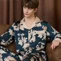 Men's silk satin long-sleeve pajama set in navy blue with elegant floral print - Dark Green