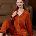 Pigiama lungo da donna in raso di seta arancione caramello con bordi a contrasto - M / Arancione donna
