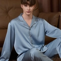 Men's classic grey-blue silk satin pajama set with long sleeves and contrast piping - L / Lake Blue Men