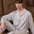 Men's purple silk satin pajama set with long sleeves and contrast piping on the collar - L / Light Gray Men