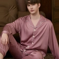 Men's silk satin pajama set in dark pink with long sleeves and white piping trim - L / Pink Red Men