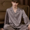 Men's silk satin long sleeve pajama set in champagne grey with white piping and buttons - L / Coffee Men