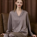 Women's silk-satin pajama set in mocha brown with long sleeves and white piping trim - M / Top And Bottom / Coffee Women